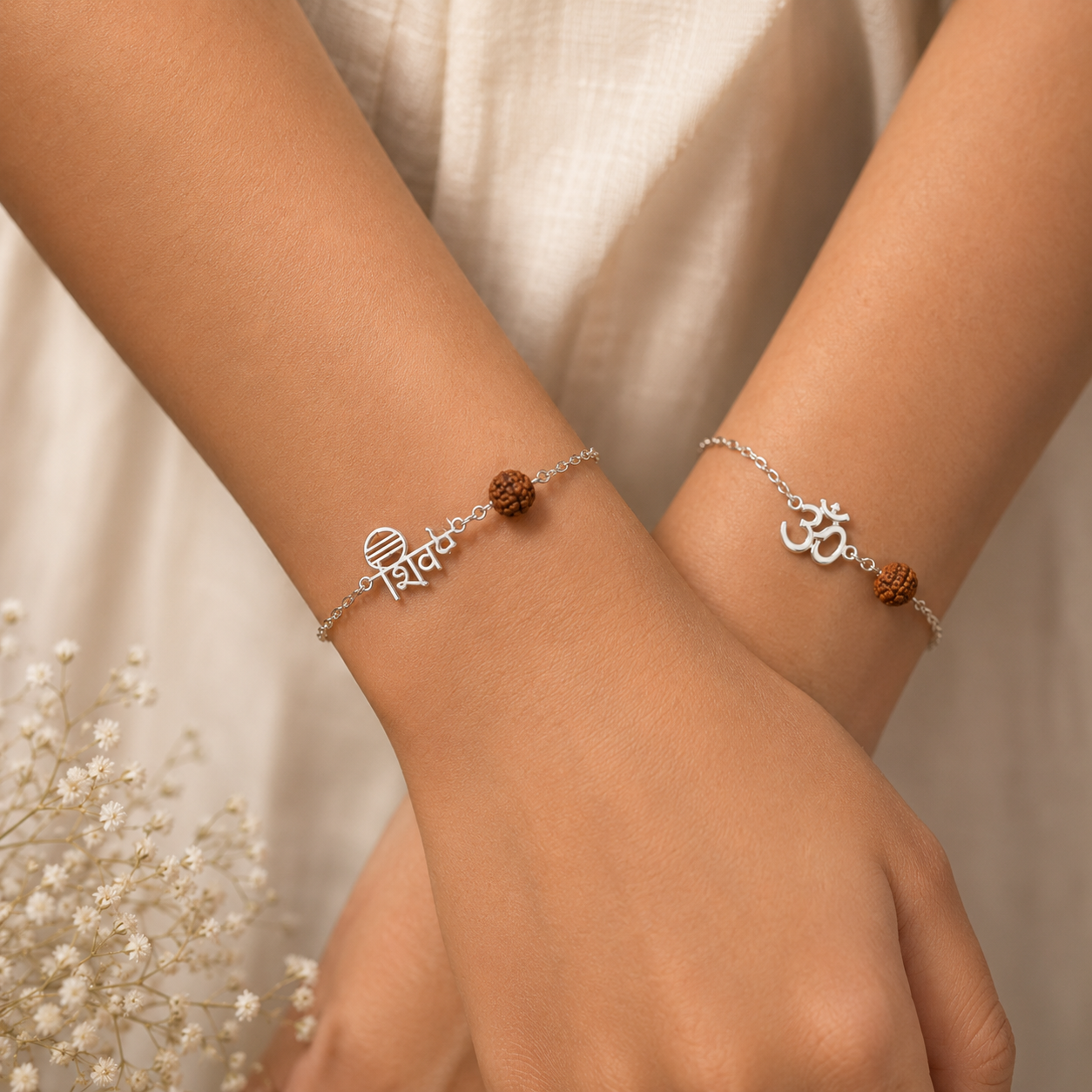 Shivom Natural Rudraksha Bracelet Set | Silver Plated